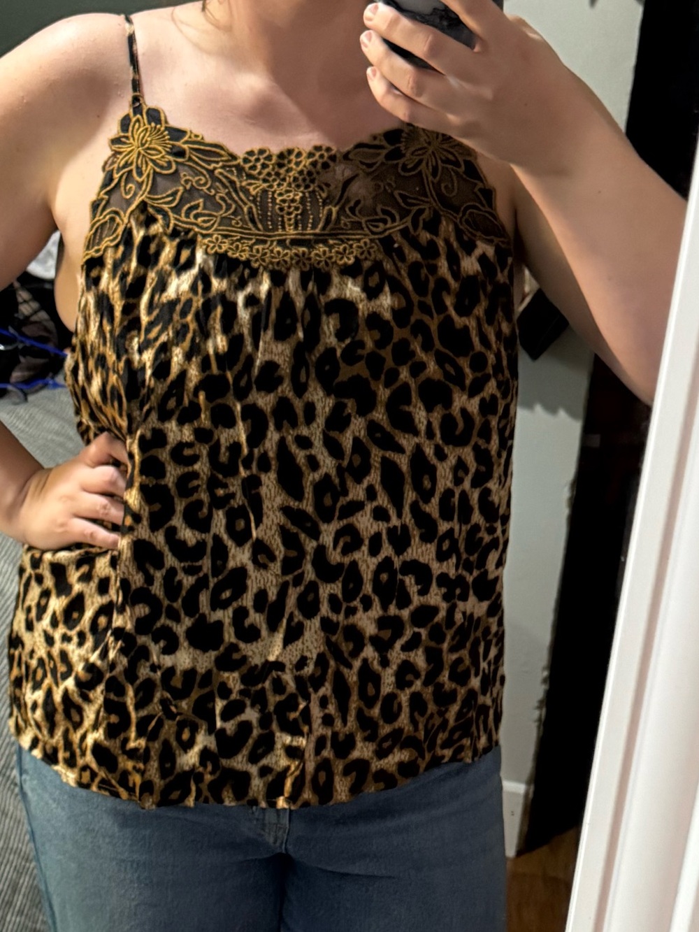 Leopard Print Lace-Trim Cami Tank Top - Brown/Black